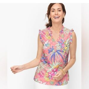 Talbots Pink Tropical Floral Ruffle Sleeve Top XL Sleeveless Resort Summer